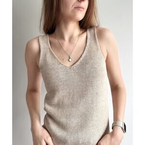 Eileen Fisher Luxury Basics Beige Blouse Linen V-Neck Knitted Breathable Top M